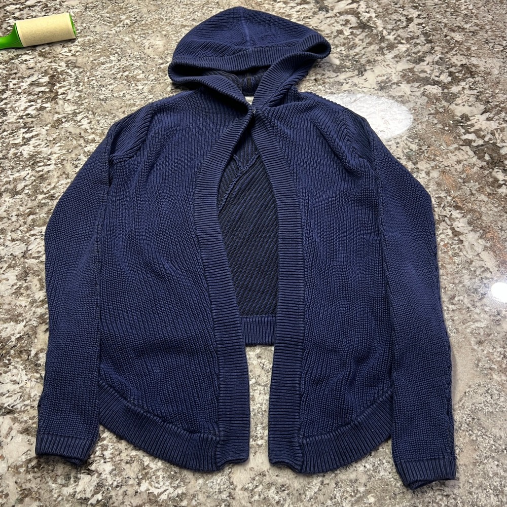 Ivivva Lululemon Girls Navy Blue Knit Hooded Open Cardigan Sweater SZ 12 IG3610S